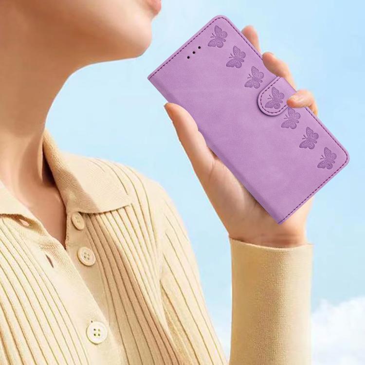 For iPhone 16e Seven Butterflies Embossed Leather Phone Case(Purple)