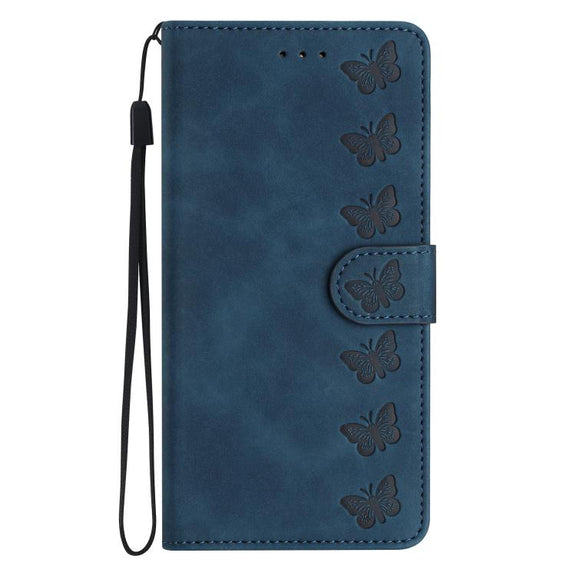 For iPhone 16e Seven Butterflies Embossed Leather Phone Case(Blue)