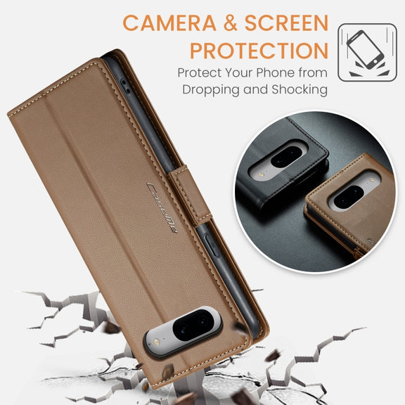 For Google Pixel 8 CaseMe 023 Butterfly Buckle Litchi Texture RFID Anti-theft Leather Phone Case(Brown)