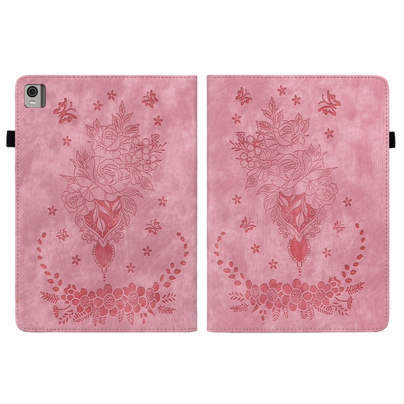For Nokia T21 Butterfly Rose Embossed Leather Tablet Case(Pink)
