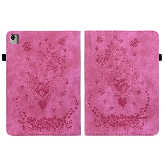 For Nokia T21 Butterfly Rose Embossed Leather Tablet Case(Rose Red)