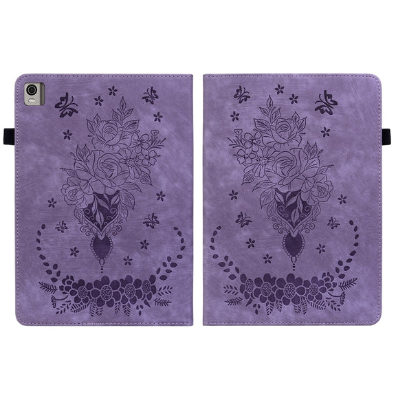For Nokia T21 Butterfly Rose Embossed Leather Tablet Case(Purple)