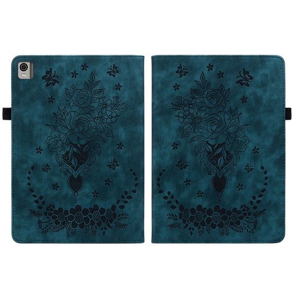 For Nokia T21 Butterfly Rose Embossed Leather Tablet Case(Dark Blue)