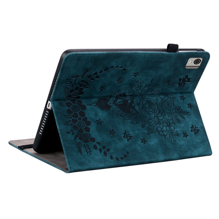For Nokia T21 Butterfly Rose Embossed Leather Tablet Case(Dark Blue)