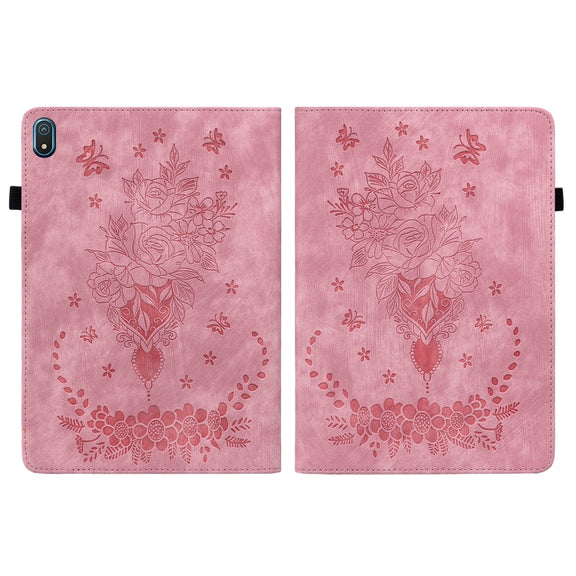 For Nokia T20 10.4 2021 Butterfly Rose Embossed Leather Tablet Case(Pink)