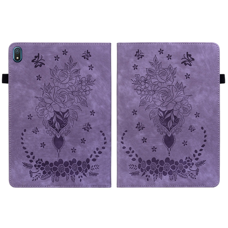 For Nokia T20 10.4 2021 Butterfly Rose Embossed Leather Tablet Case(Purple)
