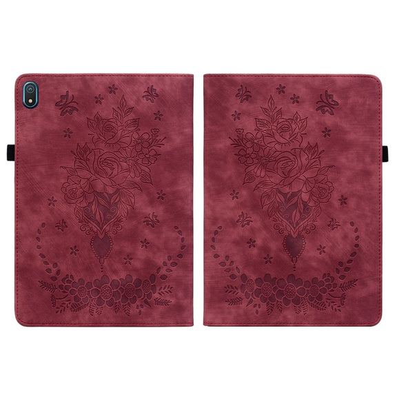 For Nokia T20 10.4 2021 Butterfly Rose Embossed Leather Tablet Case(Red)