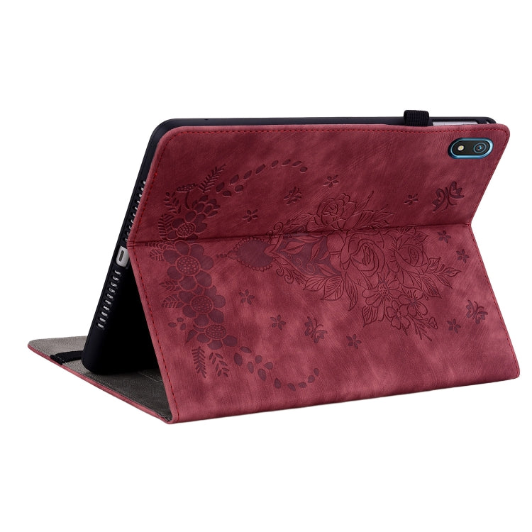 For Nokia T20 10.4 2021 Butterfly Rose Embossed Leather Tablet Case(Red)