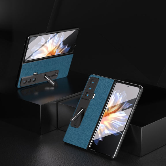 For Honor Magic Vs Integrated Genuine Leather Litchi Texture Phone Case with Holder(Blue)