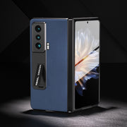 For Honor Magic Vs Integrated Genuine Leather + PC Litchi Texture Phone Case with Holder(Blue)