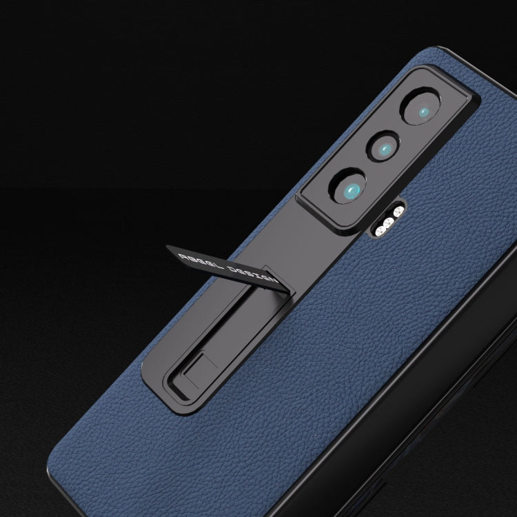 For Honor Magic Vs Integrated Genuine Leather + PC Litchi Texture Phone Case with Holder(Blue)