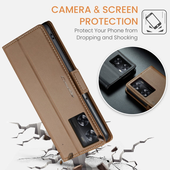 For OPPO A77s CaseMe 023 Butterfly Buckle Litchi Texture RFID Anti-theft Leather Phone Case(Brown)