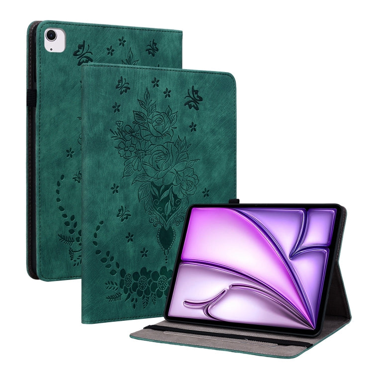 For iPad Air 11 2025 / 2024 Butterfly Rose Embossed Leather Smart Tablet Case(Green)