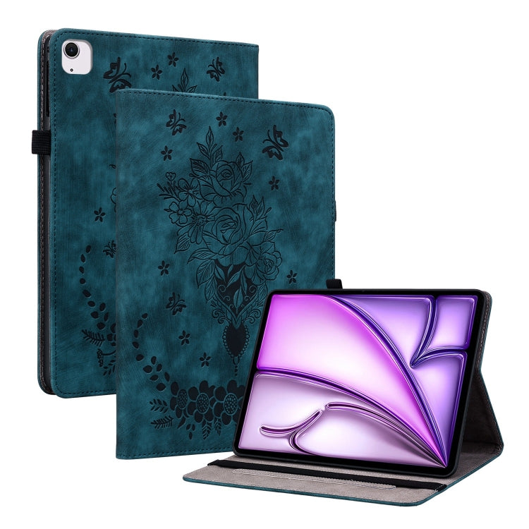 For iPad Air 11 2025 / 2024 Butterfly Rose Embossed Leather Smart Tablet Case(Dark Blue)