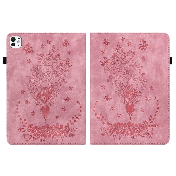 For iPad Pro 11 2024 Butterfly Rose Embossed Leather Smart Tablet Case(Pink)