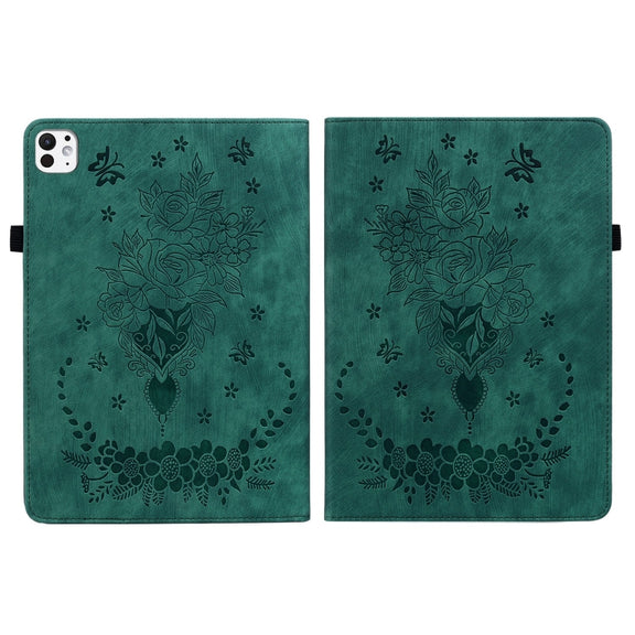 For iPad Pro 11 2024 Butterfly Rose Embossed Leather Smart Tablet Case(Green)