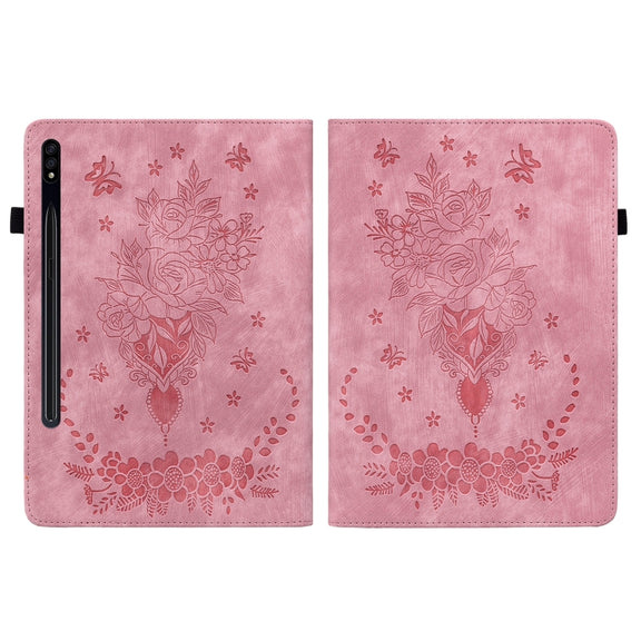 For Samsung Galaxy Tab S9 Butterfly Rose Embossed Leather Tablet Case(Pink)