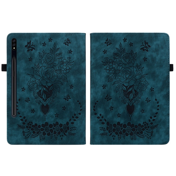 For Samsung Galaxy Tab S9 Butterfly Rose Embossed Leather Tablet Case(Dark Blue)