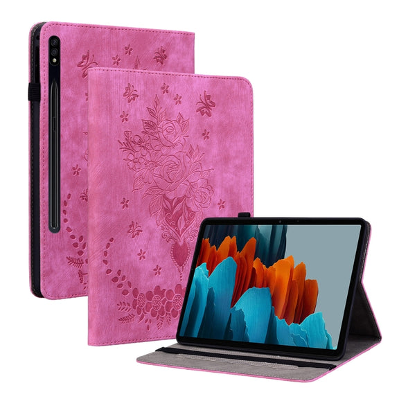 For Samsung Galaxy Tab S9+ Butterfly Rose Embossed Leather Tablet Case(Rose Red)
