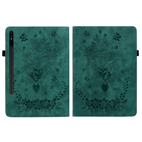 For Samsung Galaxy Tab S9+ Butterfly Rose Embossed Leather Tablet Case(Green)