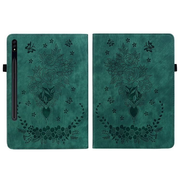 For Samsung Galaxy Tab S9+ Butterfly Rose Embossed Leather Tablet Case(Green)
