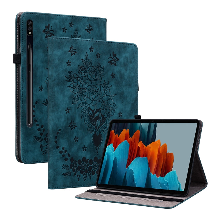 For Samsung Galaxy Tab S9+ Butterfly Rose Embossed Leather Tablet Case(Dark Blue)