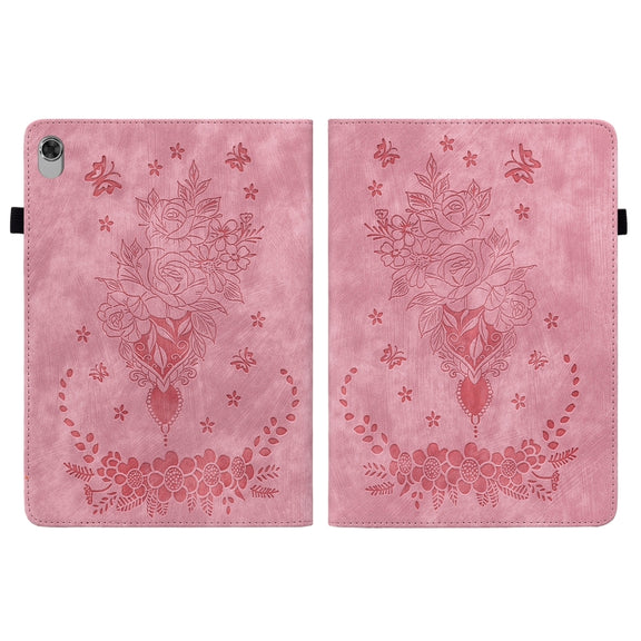 For Lenovo M10 Plus Butterfly Rose Embossed Leather Tablet Case(Pink)