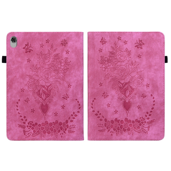 For Lenovo M10 Plus Butterfly Rose Embossed Leather Tablet Case(Rose Red)