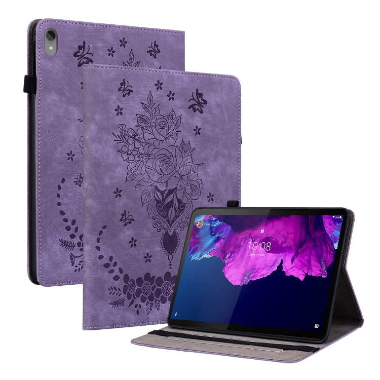 For Lenovo Tab P11 TB-J606F Butterfly Rose Embossed Leather Tablet Case(Purple)