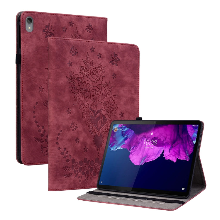 For Lenovo Tab P11 TB-J606F Butterfly Rose Embossed Leather Tablet Case(Red)