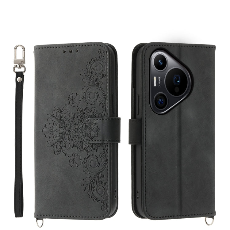 For Huawei Pura 70 Pro / Pura 70 Pro+ Skin-feel Flowers Embossed Wallet Leather Phone Case(Black)