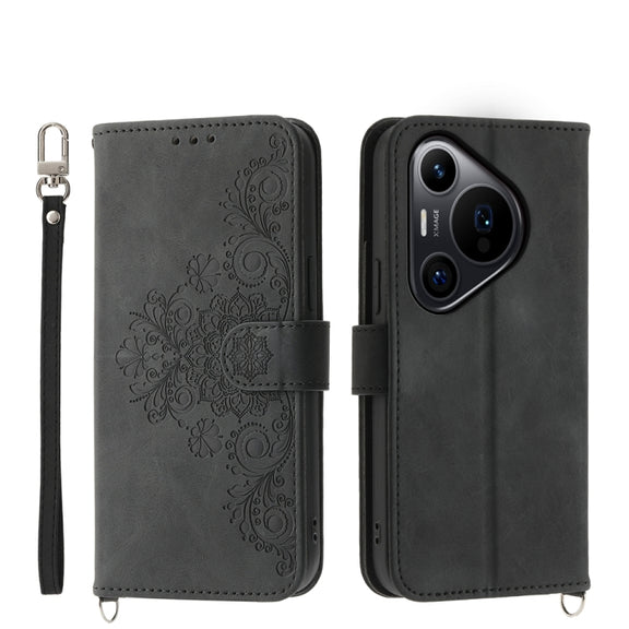 For Huawei Pura 70 Pro / Pura 70 Pro+ Skin-feel Flowers Embossed Wallet Leather Phone Case(Black)