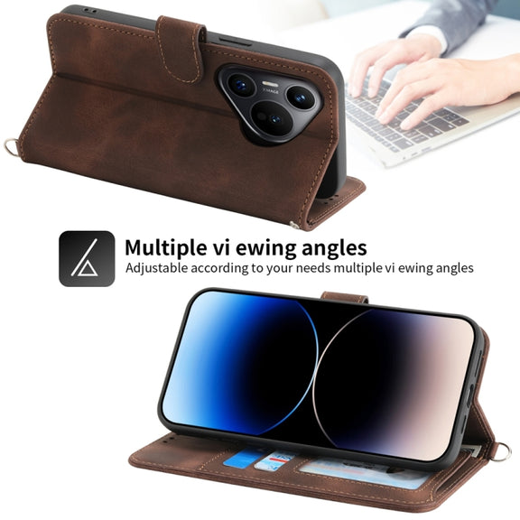 For Huawei Pura 70 Skin-feel Flowers Embossed Wallet Leather Phone Case(Brown)