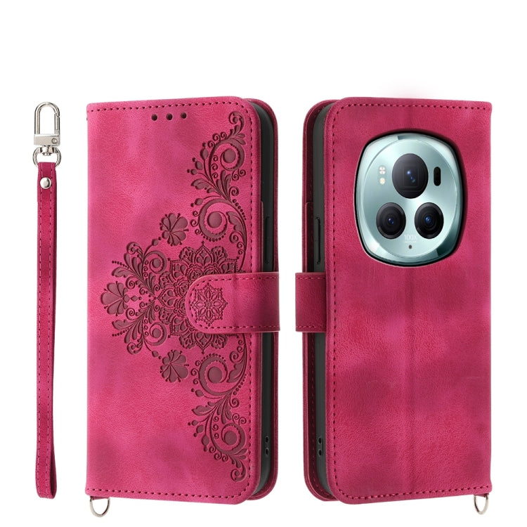 For Honor Magic6 Pro Skin Feel Flowers Embossed Wallet Leather Phone Case(Wine Red)