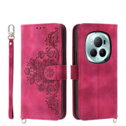 For Honor Magic6 Pro Skin Feel Flowers Embossed Wallet Leather Phone Case(Wine Red)