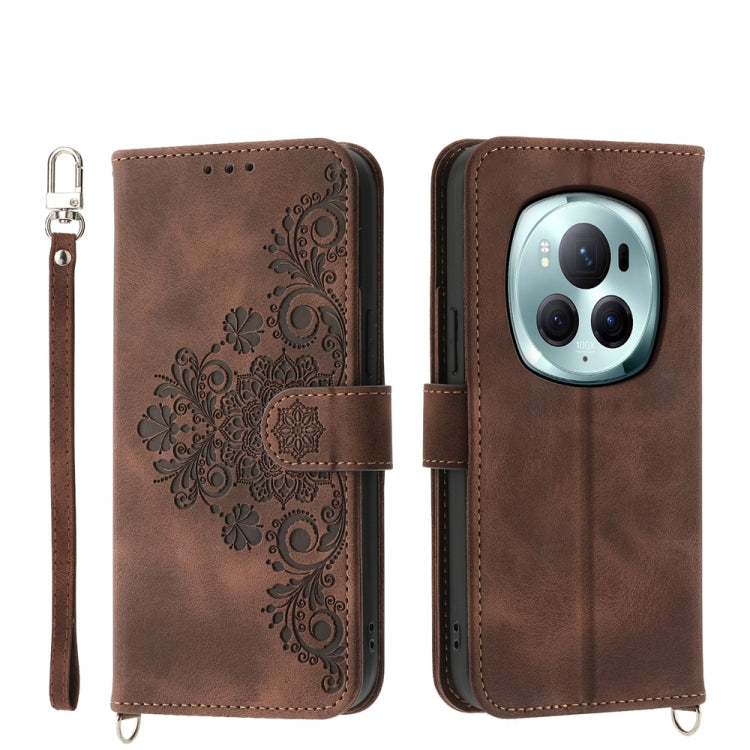 For Honor Magic6 Pro Skin Feel Flowers Embossed Wallet Leather Phone Case(Brown)