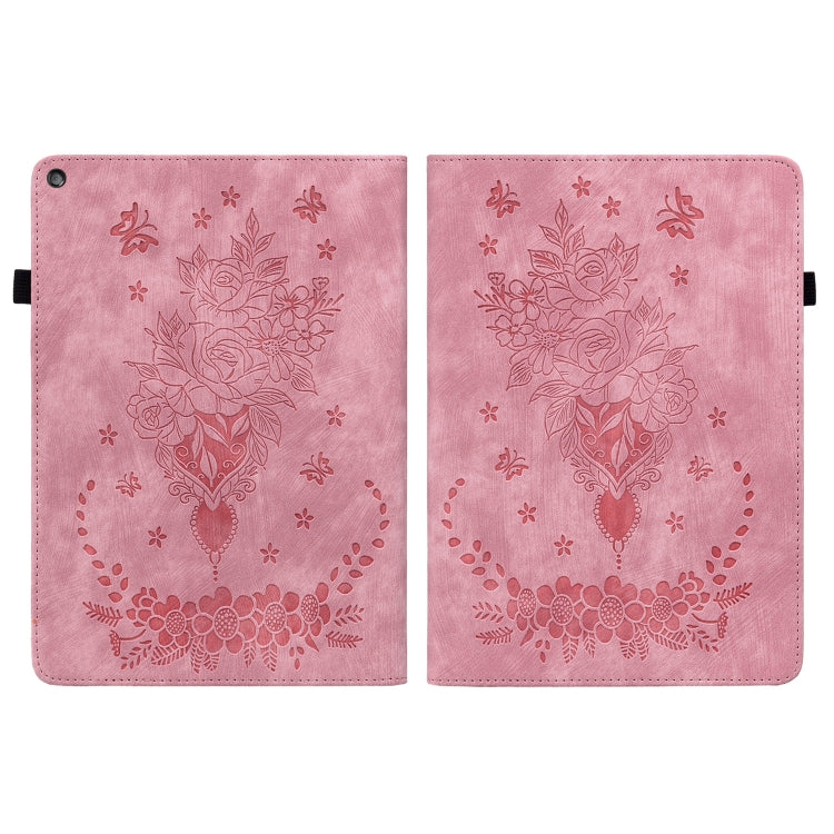 For Amazon Kindle Fire HD10 2019 / 2017 Butterfly Rose Embossed Leather Smart Tablet Case(Pink)