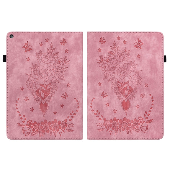 For Amazon Kindle Fire HD10 2019 / 2017 Butterfly Rose Embossed Leather Smart Tablet Case(Pink)
