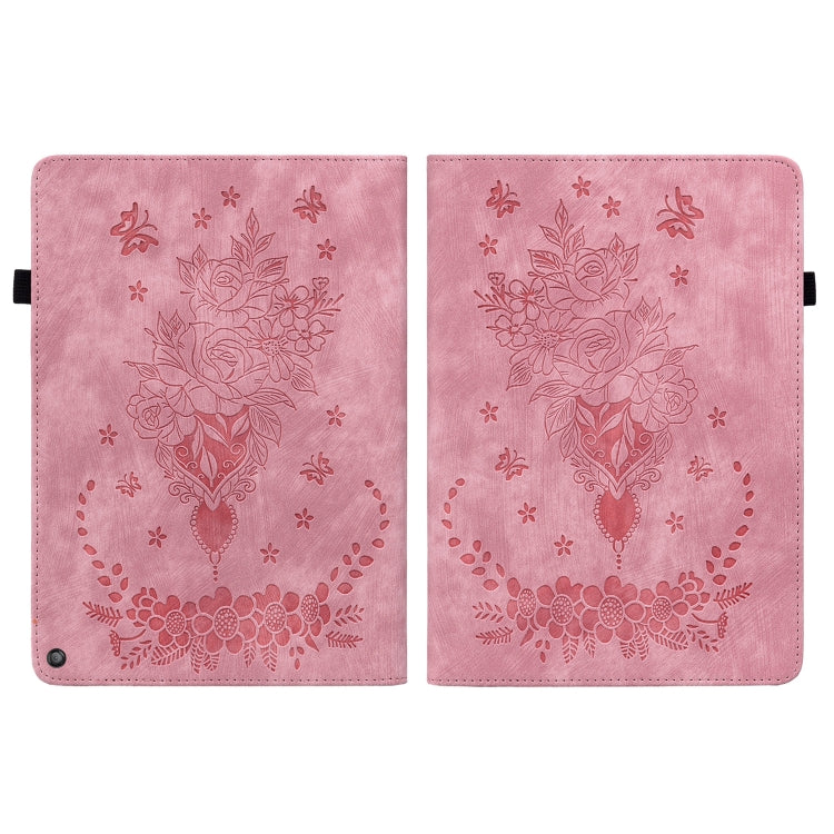 For Amazon Kindle Fire HD10 2021 Butterfly Rose Embossed Leather Smart Tablet Case(Pink)