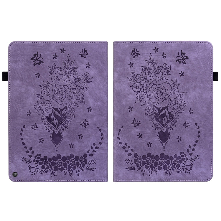 For Amazon Kindle Fire HD10 2021 Butterfly Rose Embossed Leather Smart Tablet Case(Purple)
