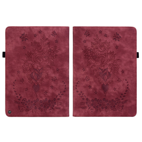 For Amazon Kindle Fire HD10 2021 Butterfly Rose Embossed Leather Smart Tablet Case(Red)