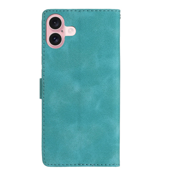 For iPhone 16 Flower Butterfly Embossing Pattern Leather Phone Case(Sky Blue)