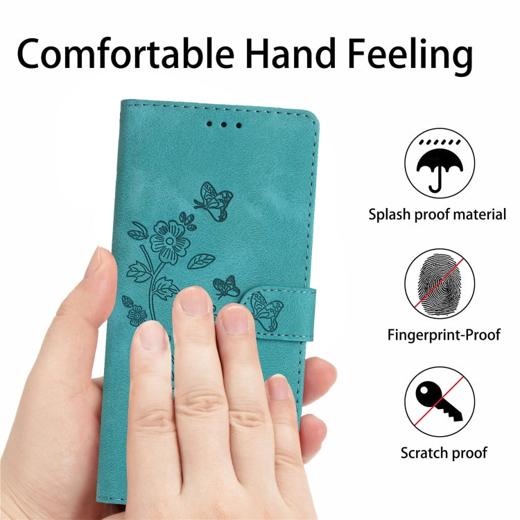For iPhone 16 Flower Butterfly Embossing Pattern Leather Phone Case(Sky Blue)