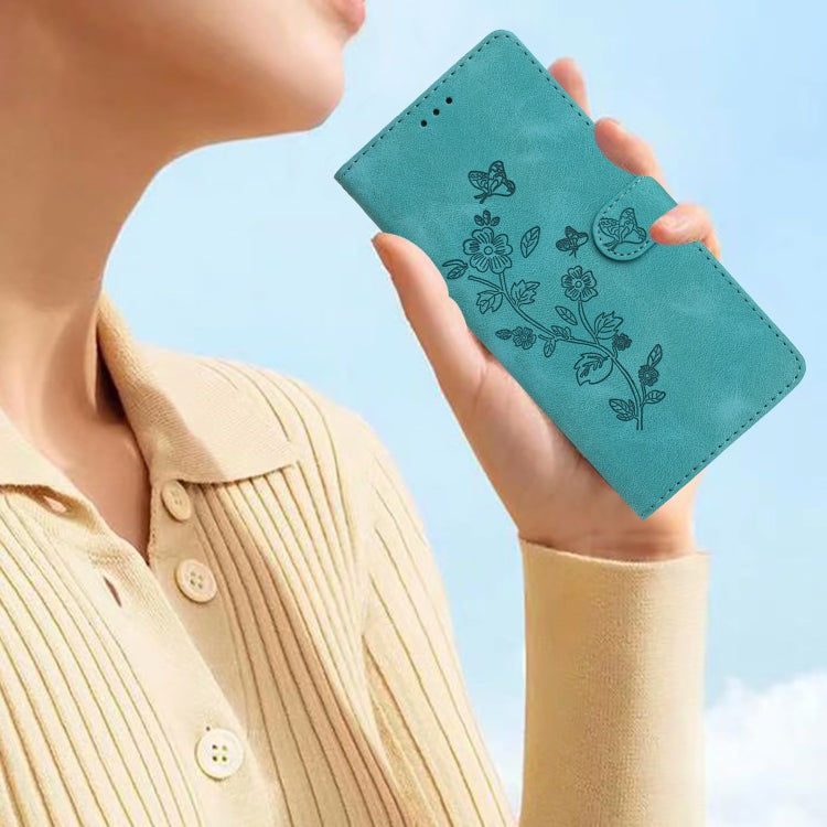 For iPhone 16 Flower Butterfly Embossing Pattern Leather Phone Case(Sky Blue)