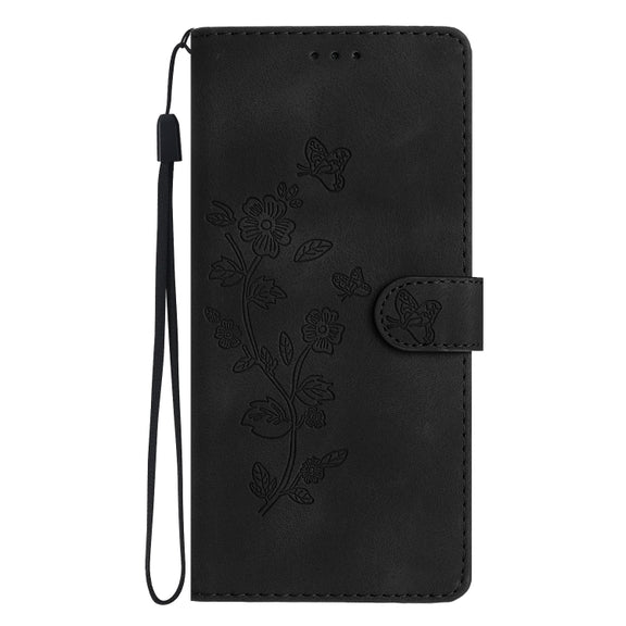 For iPhone 16 Pro Flower Butterfly Embossing Pattern Leather Phone Case(Black)