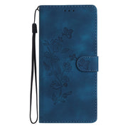 For iPhone 16 Pro Max Flower Butterfly Embossing Pattern Leather Phone Case(Blue)