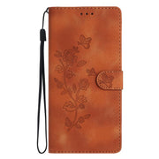 For iPhone 16e Flower Butterfly Embossing Pattern Leather Phone Case(Brown)