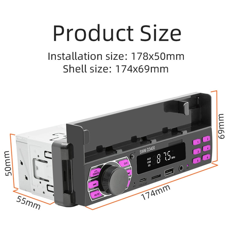 SWM D3400 Car Bluetooth MP3 Player Support Smart Voice Assistant / FM(Black)