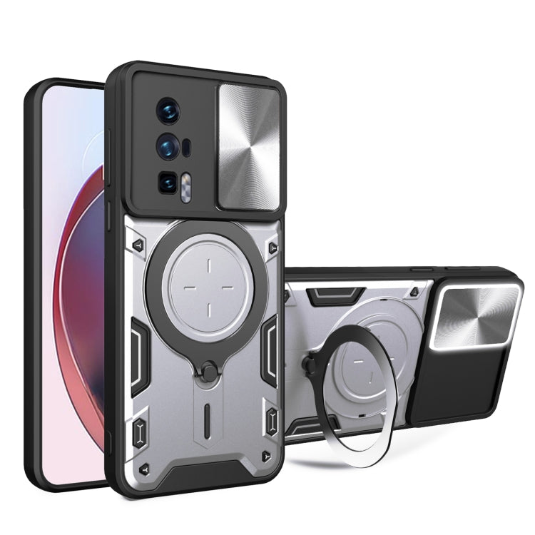 For Xiaomi Poco F5 Pro/Redmi K60  CD Texture Sliding Camshield Magnetic Holder Phone Case(Silver)