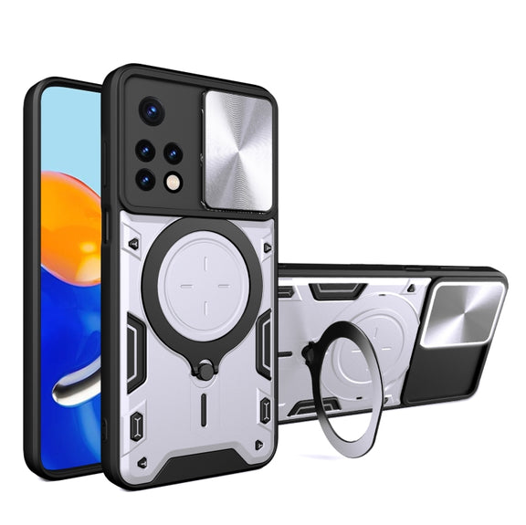 For Xiaomi Redmi Note 11 Global CD Texture Sliding Camshield Magnetic Holder Phone Case(Silver)